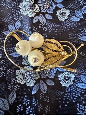 Source Unknown Gold Floral Brooch with Cream Satin Beads and Rhinestones